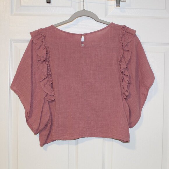 Pink Lily pink-ish ruffle tiered sleeve round neck keyhole button closure crop L - Picture 4 of 6